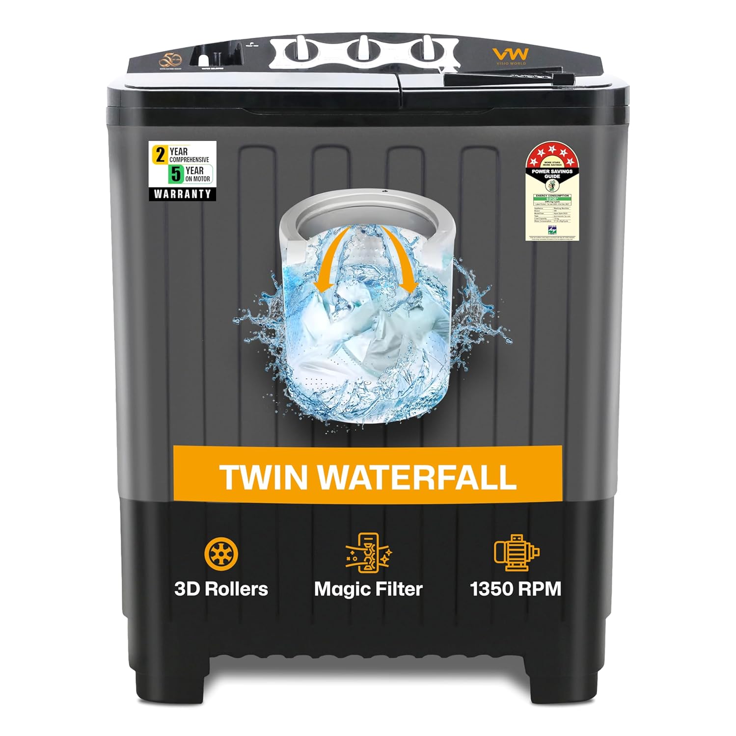 VW 7.5 kg 5 Star Aqua Spin Semi Automatic Top Load Washing Machine